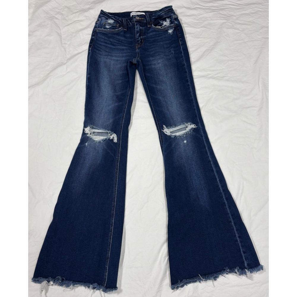 Flying Monkey Womens Mid Rise Flare Jeans Blue Denim Stretch Distressed Raw 4